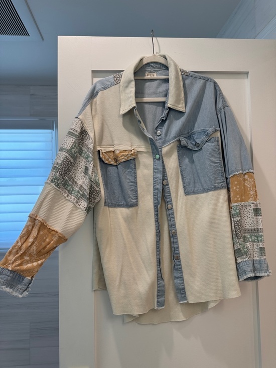 POL Sweaters - POL Patchwork Button-Up Cardigan Jacket in Cream, Light Blue, Mustard